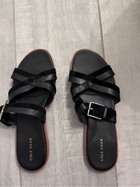 Cole Haan Black Leather and Velvet Buckle Slide Sandals